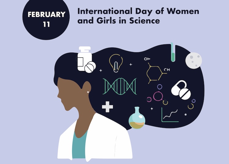 Image of a woman with formulas and biology wet lab tools in her hairs